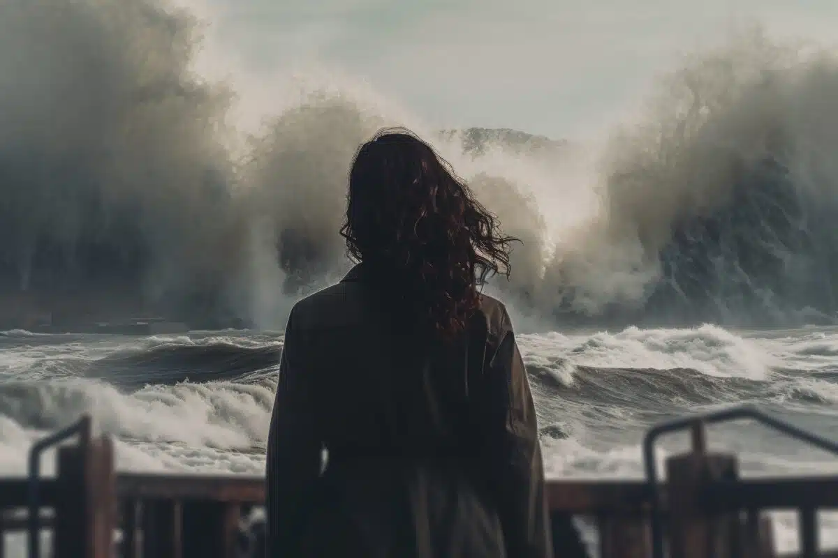 a woman standing by the stormy sea