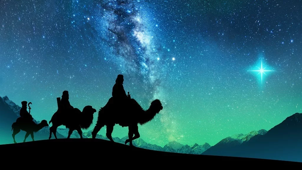 Silhouette of the three wise men riding a camel along the star path to meet the newborn Jesus.