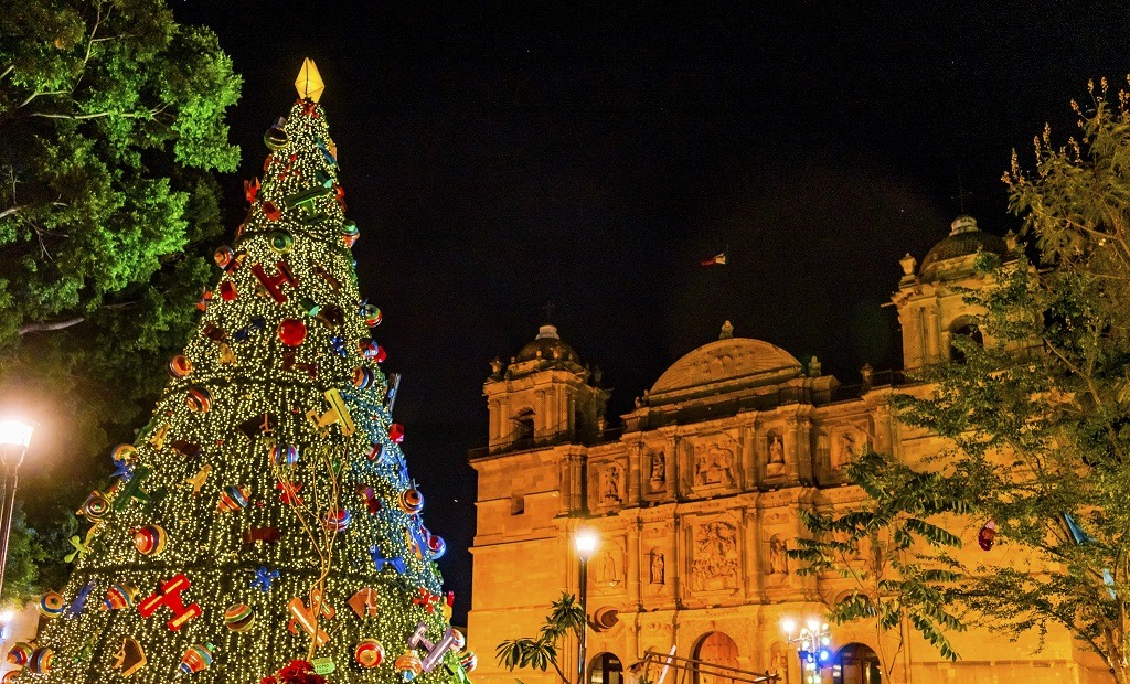 Facade of the Lady Assumption Cathedral Church with beautiful Christmas tree in Oaxaca, Mexico