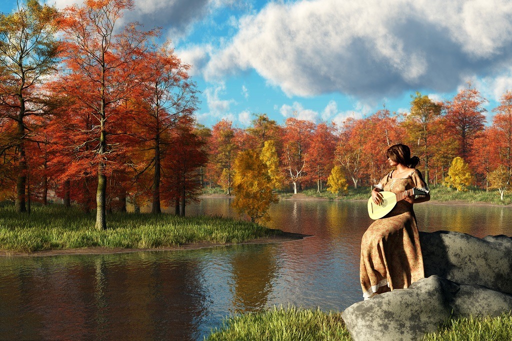 A woman in a light brown, flowery dress sits on boulders on the banks at a bend in a river playing a lute. 