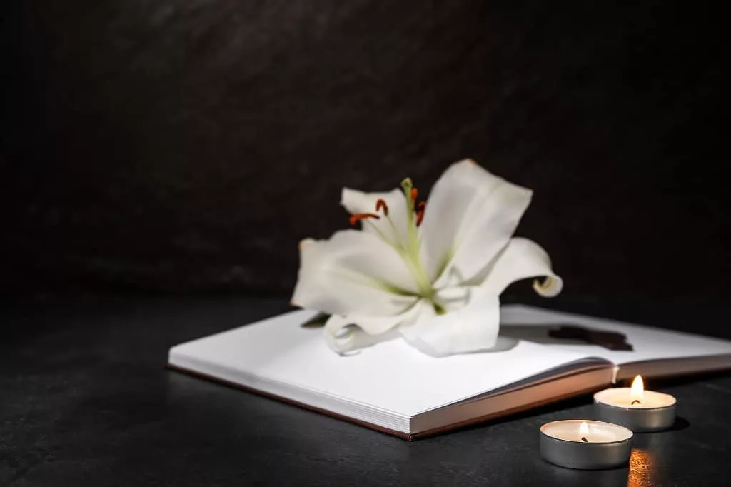 Lily flower with book and candles on dark background.