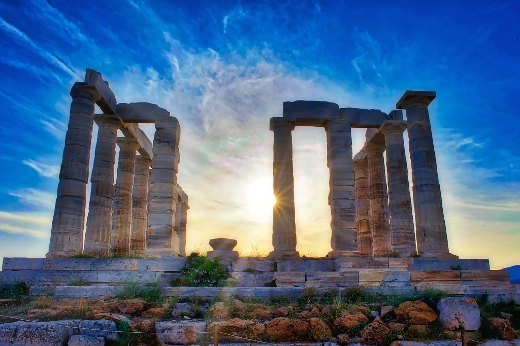 The Temple of Poseidon at Sounion, Greece, at sunset.