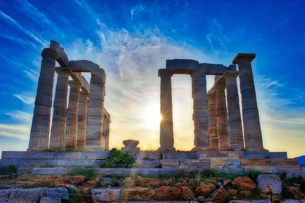 The Temple of Poseidon at Sounion, Greece, at sunset.