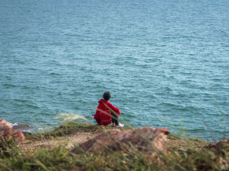 A woman wearing a red shirt sat watching the sea alone, she look