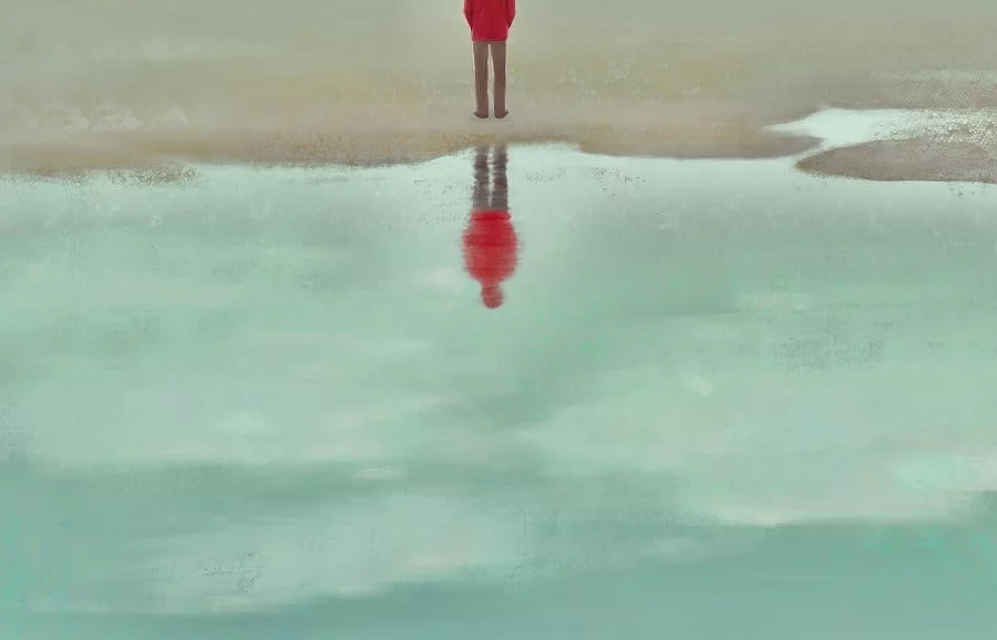 Surreal painting of a man standing alone at the seashore, his reflection in the water.