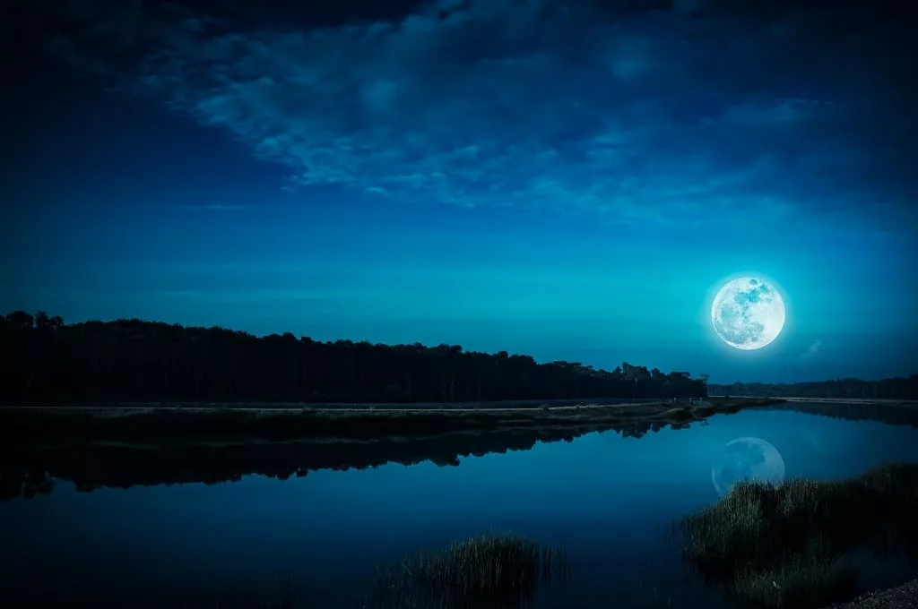 Night sky and bright full moon at riverside.