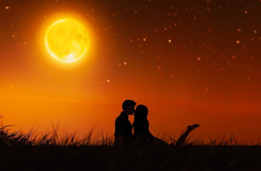 Kissing lovers under the moonlight.