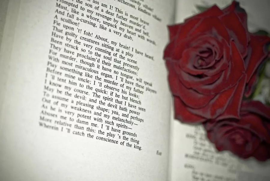 Red roses on top of a poetry book.