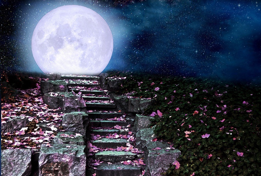 Stone steps in the night park, full moon rising over the hill.