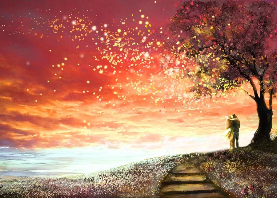 Stunning fantasy sky, stars woman and man under an tree looking at the sunset.