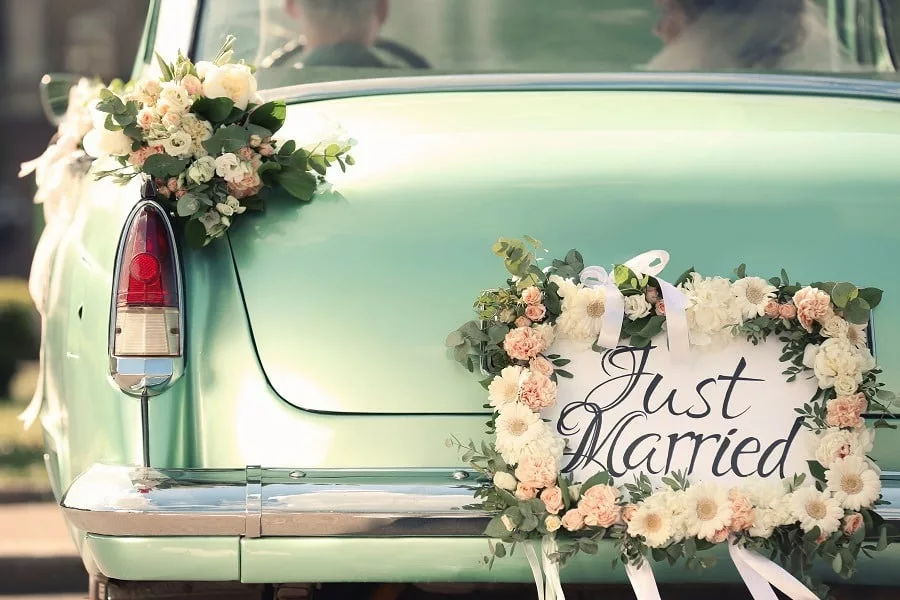 Beautiful wedding car with plate JUST MARRIED.
