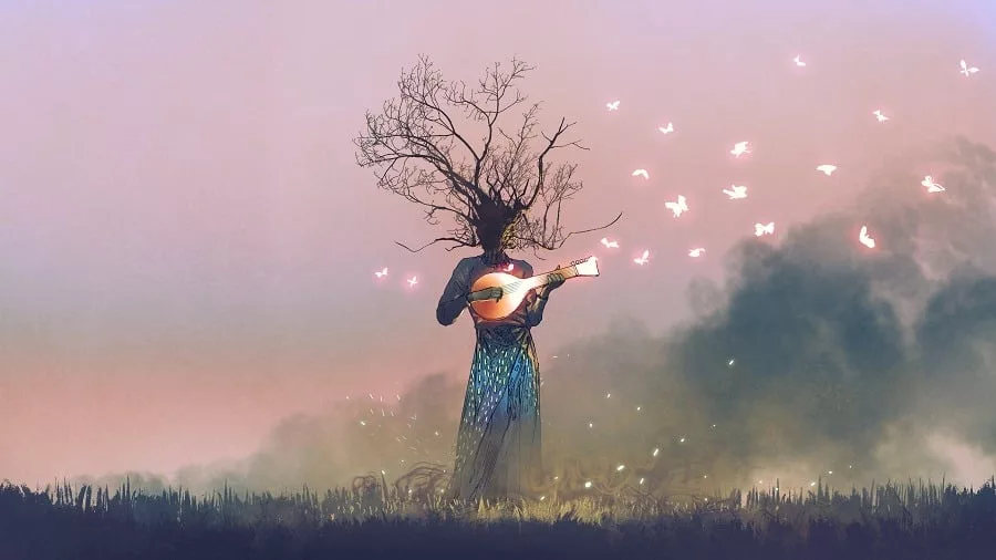 Fairy-like creature with branch head playing magic banjo string instrument with glowing butterflies. 