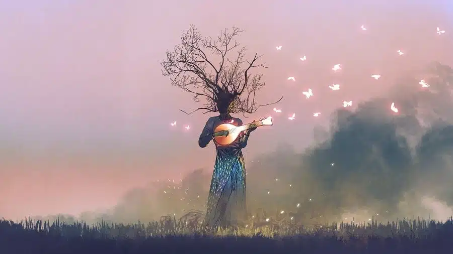 Fairy-like creature with branch head playing magic banjo string instrument with glowing butterflies. 