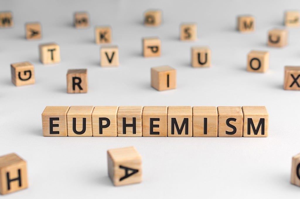 Word Euphemism from wooden letter blocks.