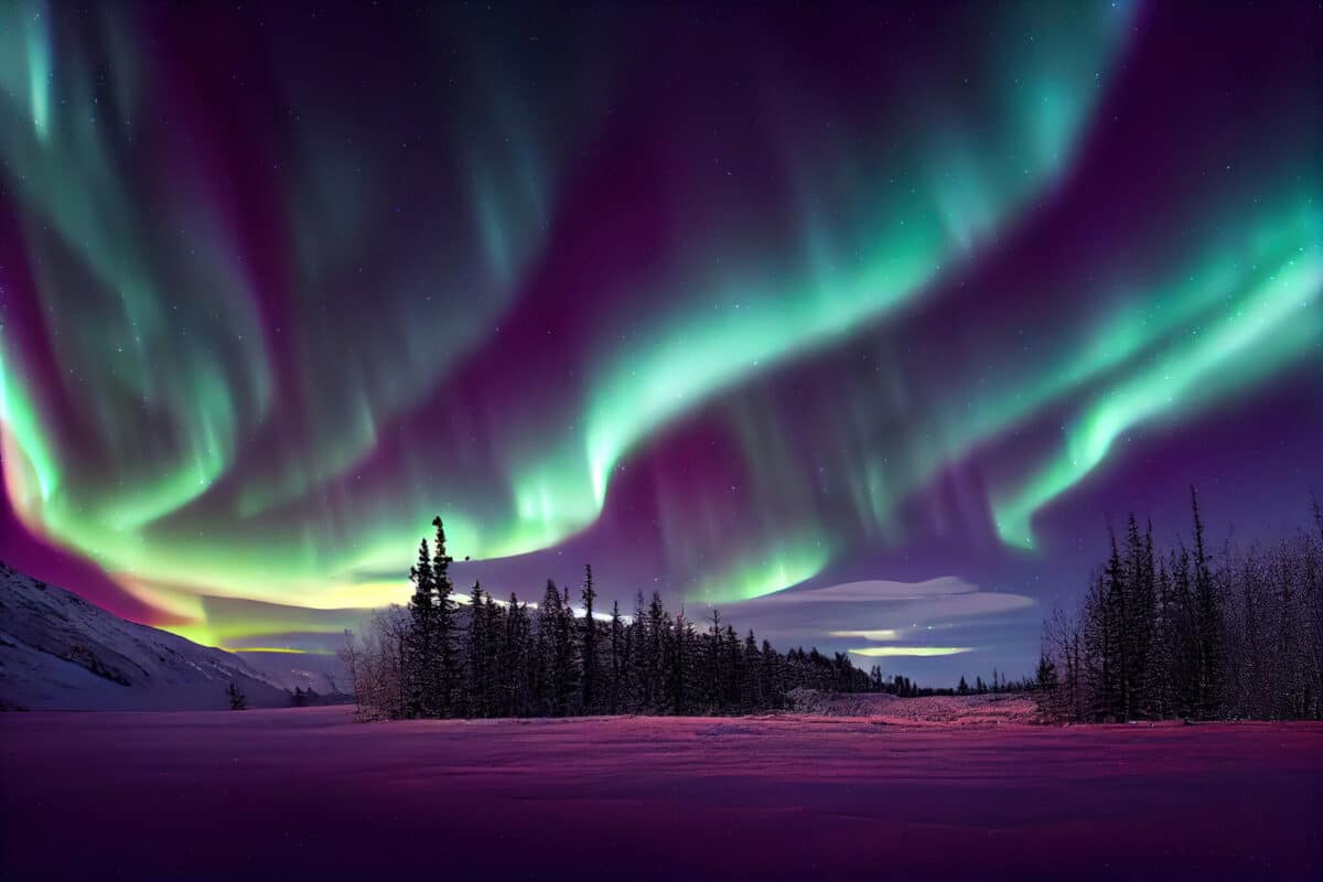 northern lights over the snowy mountains