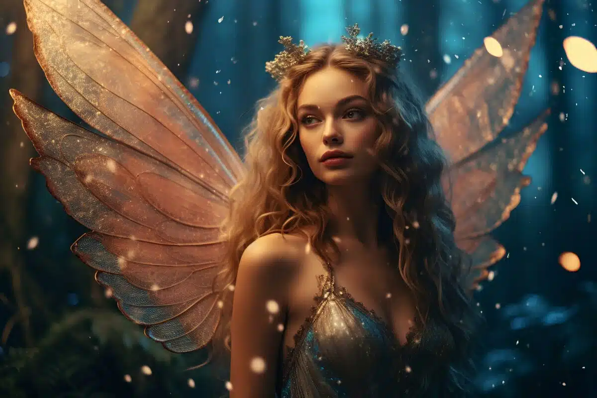 A dreamy girl with delicate butterfly wings in a mystical rainforest filled with twinkling fairy lights. generative AI