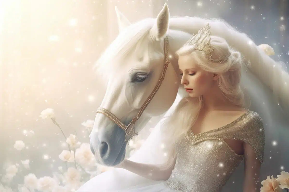 a beautiful but sad princess sitting next to her white horse
