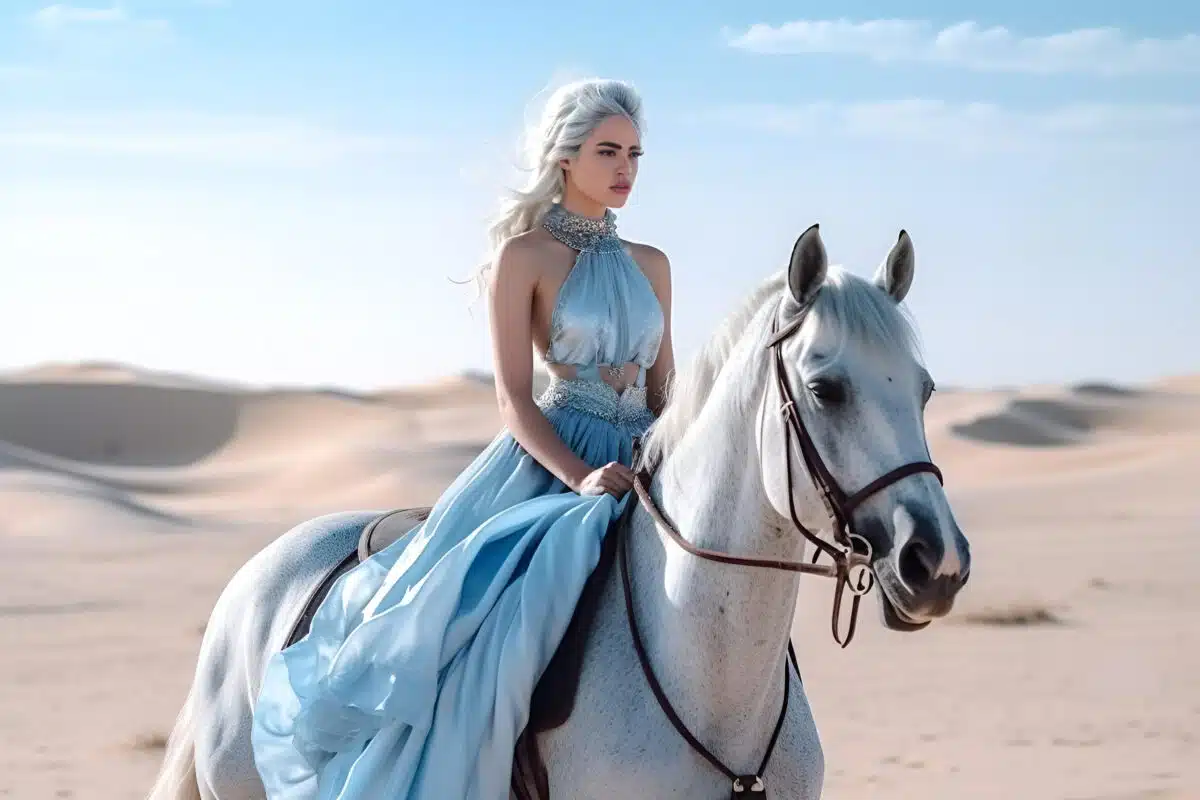 a stunning beauty with blue hair in a blue dress rides a white horse in the desert