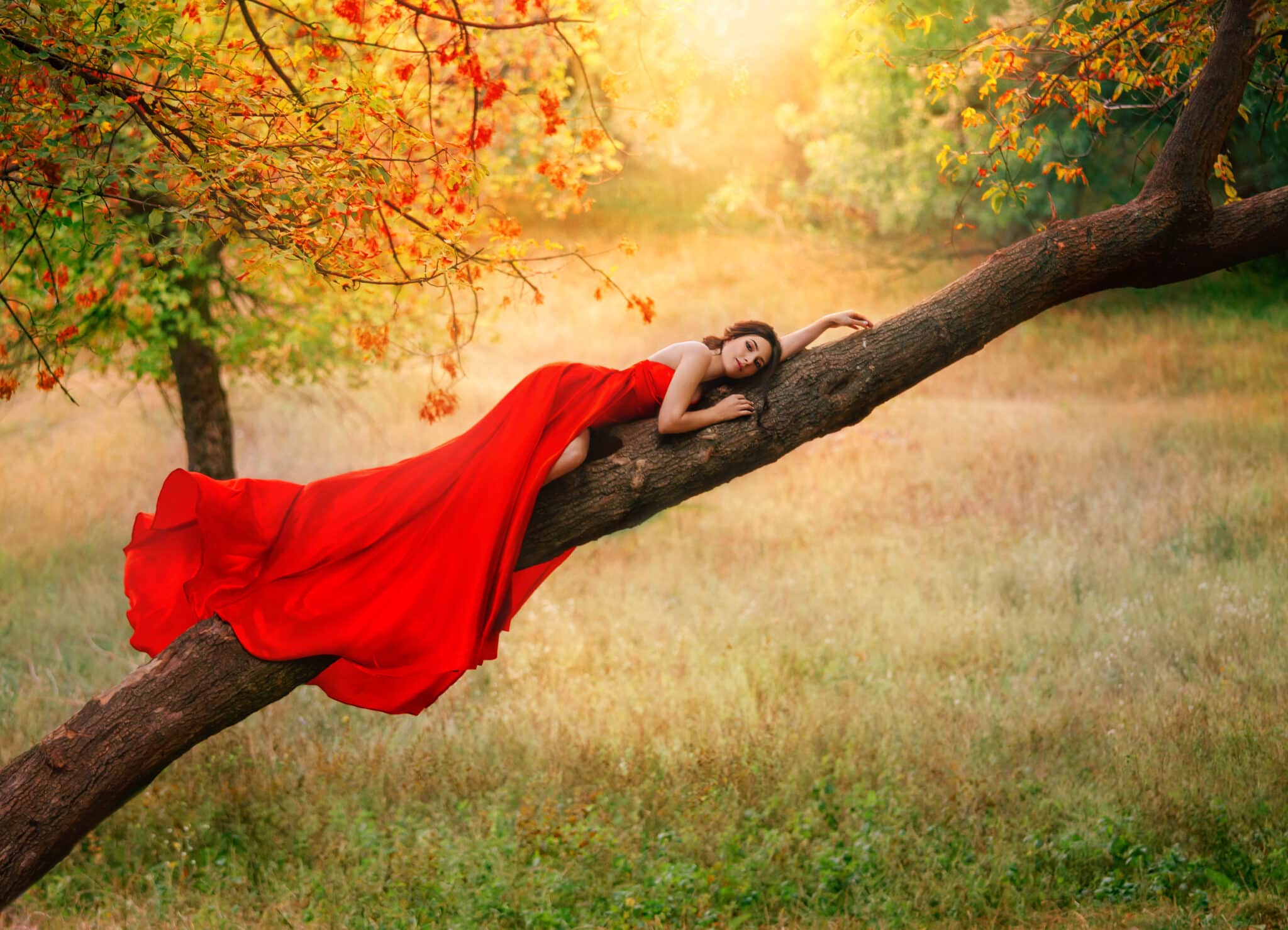 Fantasy woman in long red dress lies on tree branch enjoys nature. 