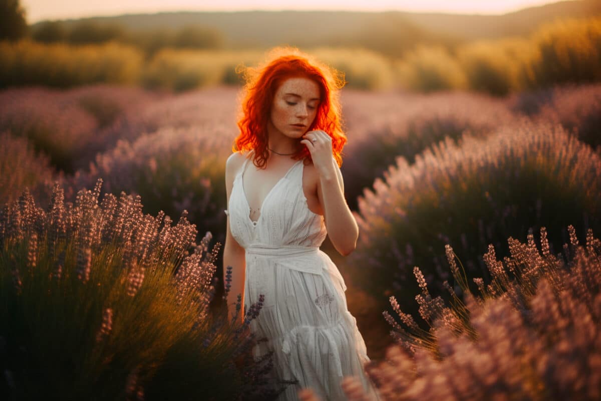 Serenity Amongst Lavender Fields: Young Female in White Dress Standing in Awe of Nature's Beauty with Flowing Red Hair at Sunset. Generative Ai