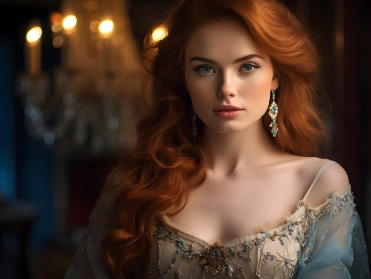 Portrait of a beautiful young woman with red hair in a luxurious dress.