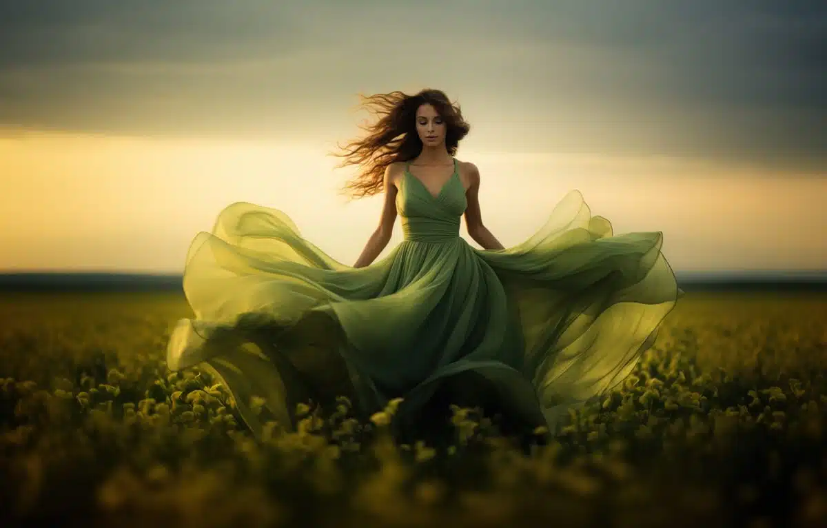 an enchanting lady in a fluttering green dress in the field at sunset