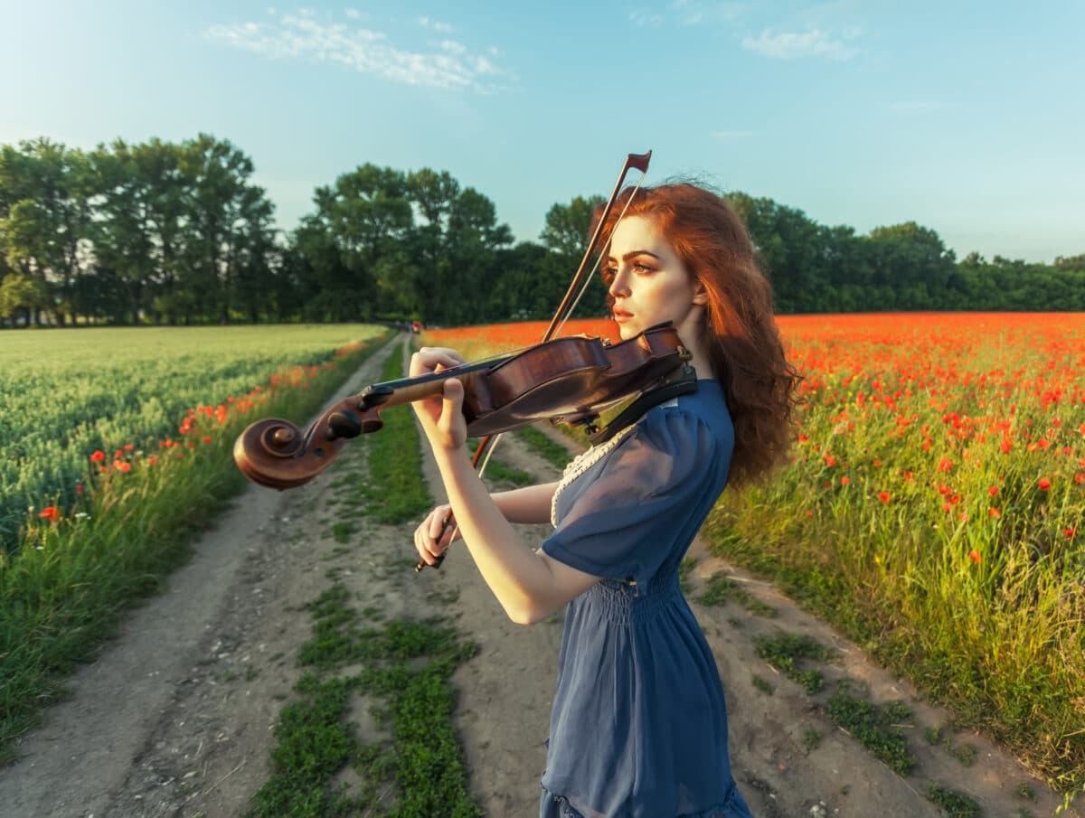Beautiful romantic girl with red hair and blue dress holding violin on nature field of poppy flowers. Photo of sensual woman.