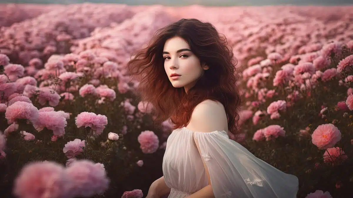 a woman in pink flower field with dreamy mist heavenly atmosphere