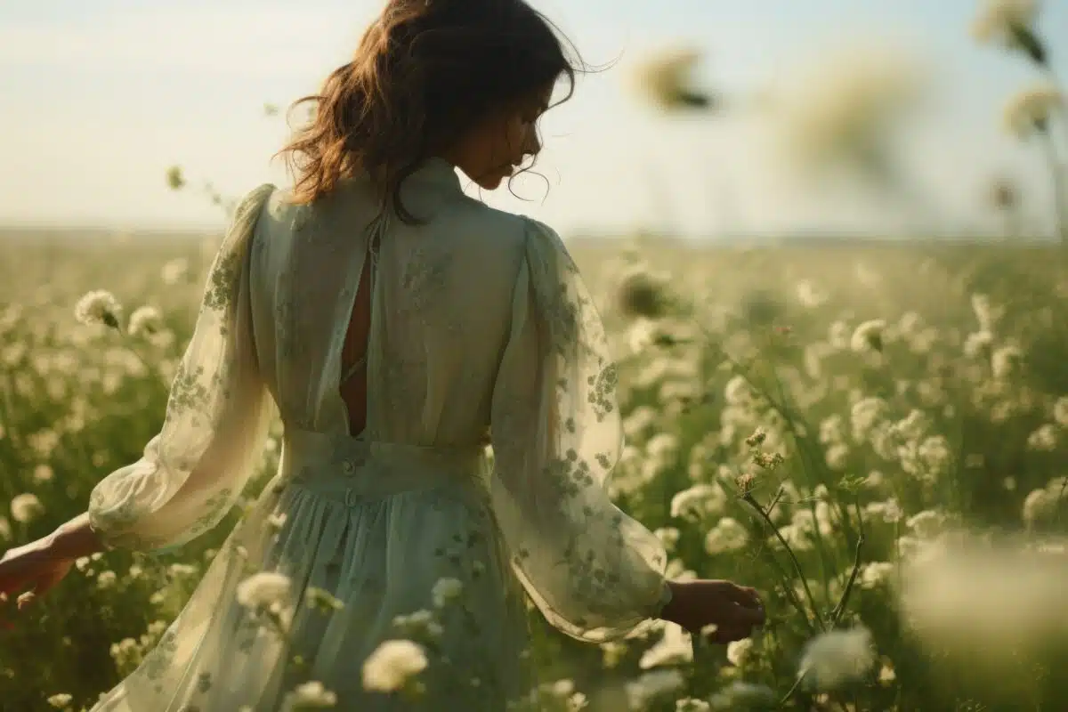 A woman standing in a field of white flowers.