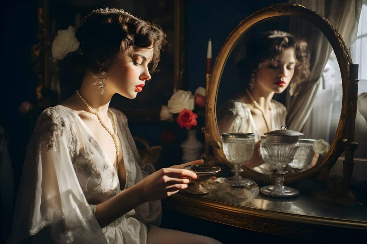 A beautiful and intimate photo of a bride holding a mirror and applying lipstick, preparing for her special moment.