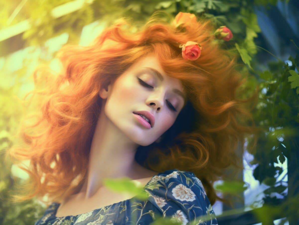 a woman with ginger hair sleeping in the garden