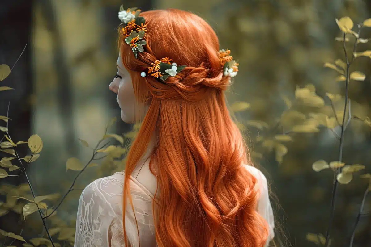a mysterious ginger-haired lady with a floral head wreath is standing in the forest