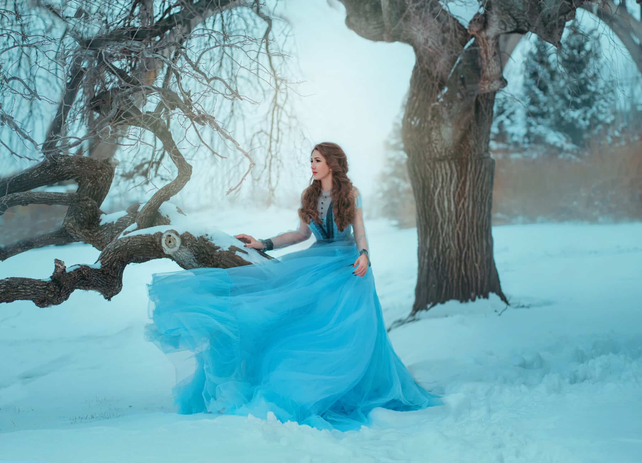 Fantasy young woman in image of medieval princess sits on a tree in luxurious blue vintage dress. 