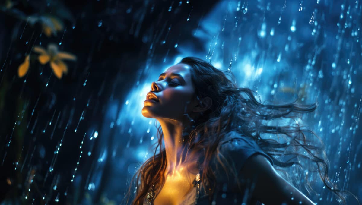 a woman looking up and glistening water gently drops on her face