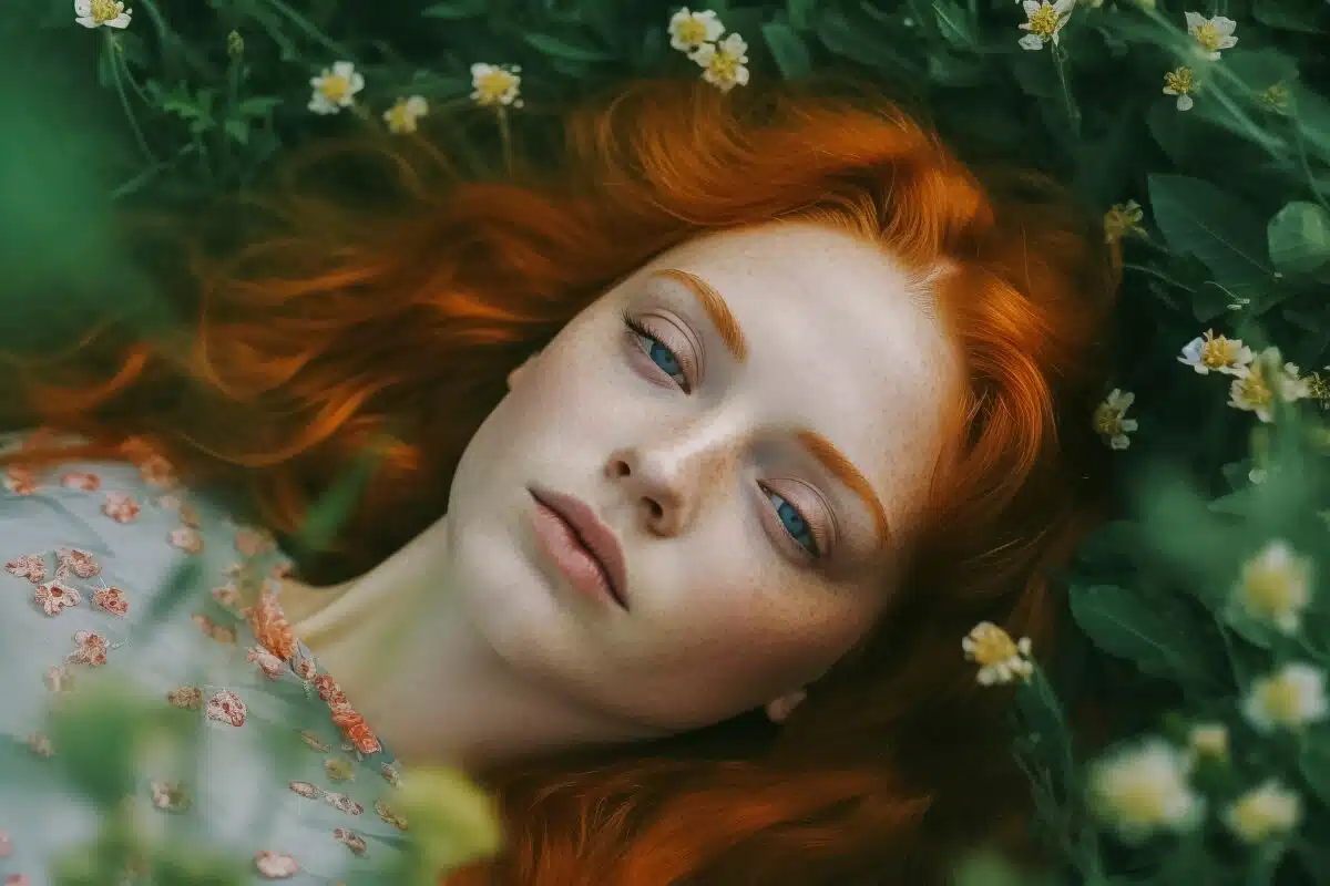a redhead girl lying on grassy flowered ground