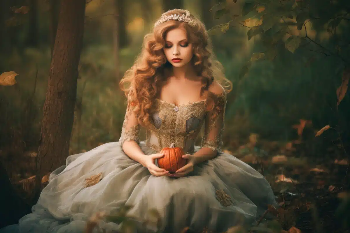 dreamy and mysterious lady holding a pumpkin in the fairytale forest