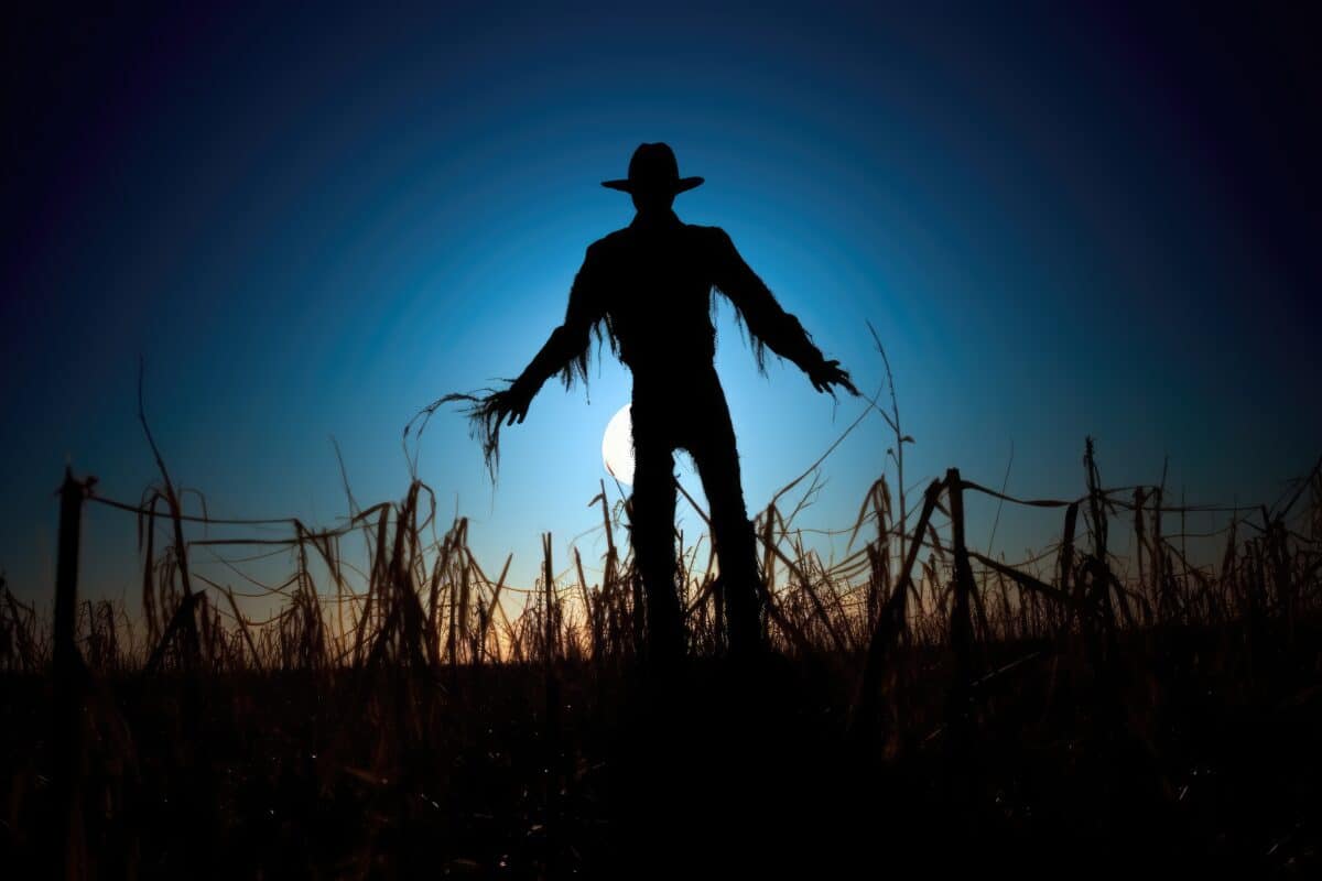 A spooky silhouette of a scarecrow in a deserted field lit by a massive full moon