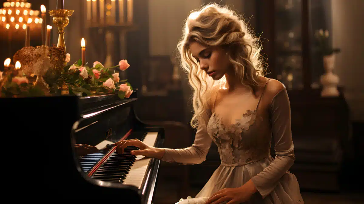 a sad blonde is sitting at the piano