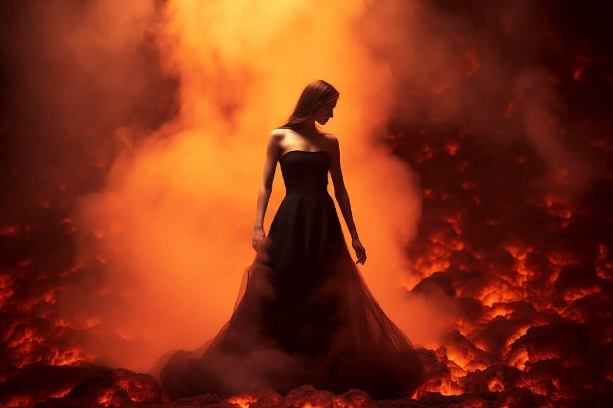 a woman in beautiful flowing dress standing against the power of a volcanic lava flow and fire