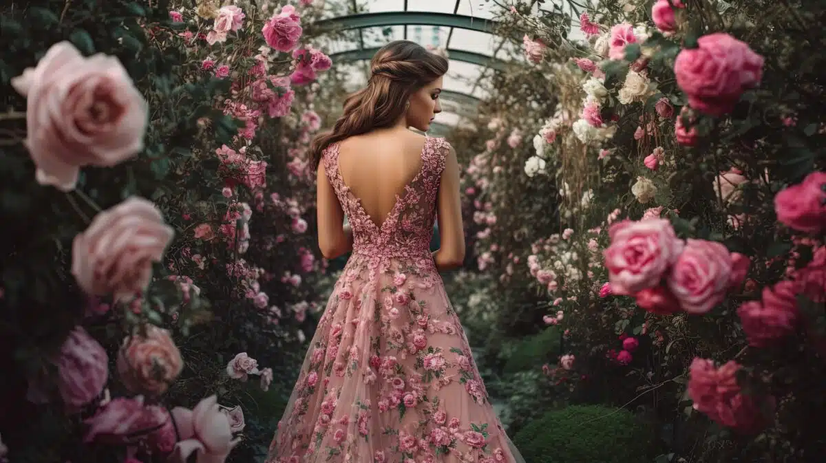 a lovely lady in a pink floral dress walking in a rose garden