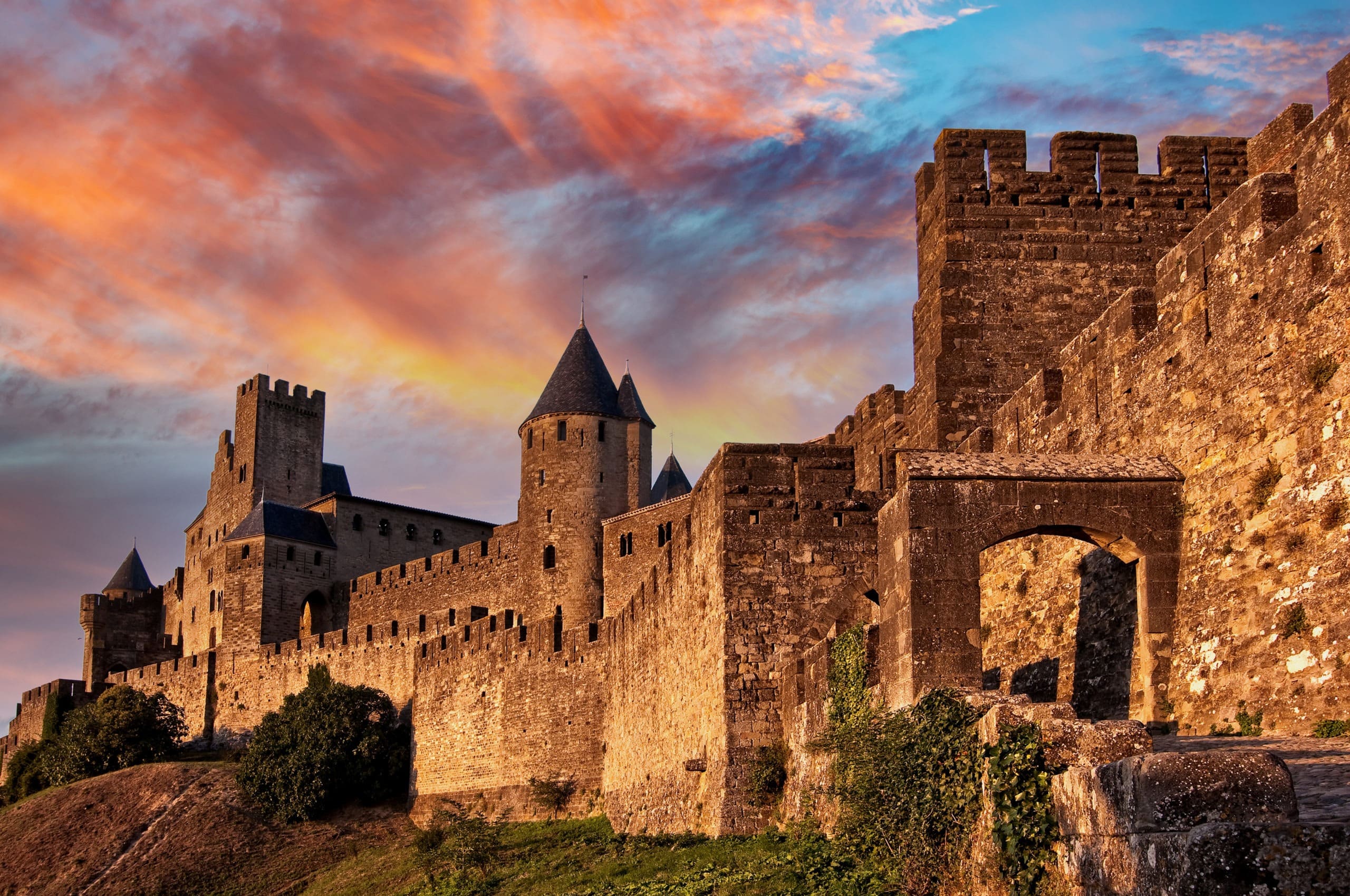 Medieval fortress of Carcassonne at sunset in France.