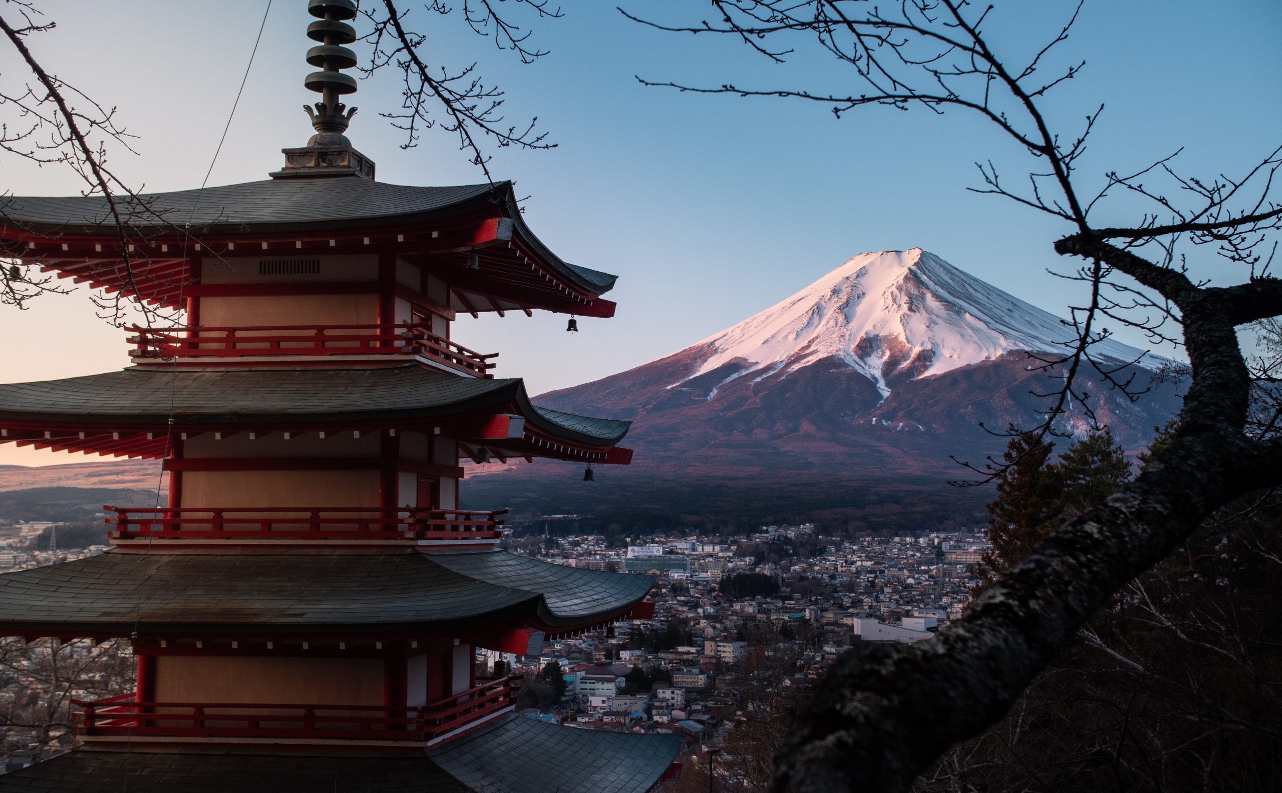 The red Chureito Pagoda in Japan, with Fujiyama (Mount Fuji) in the background.