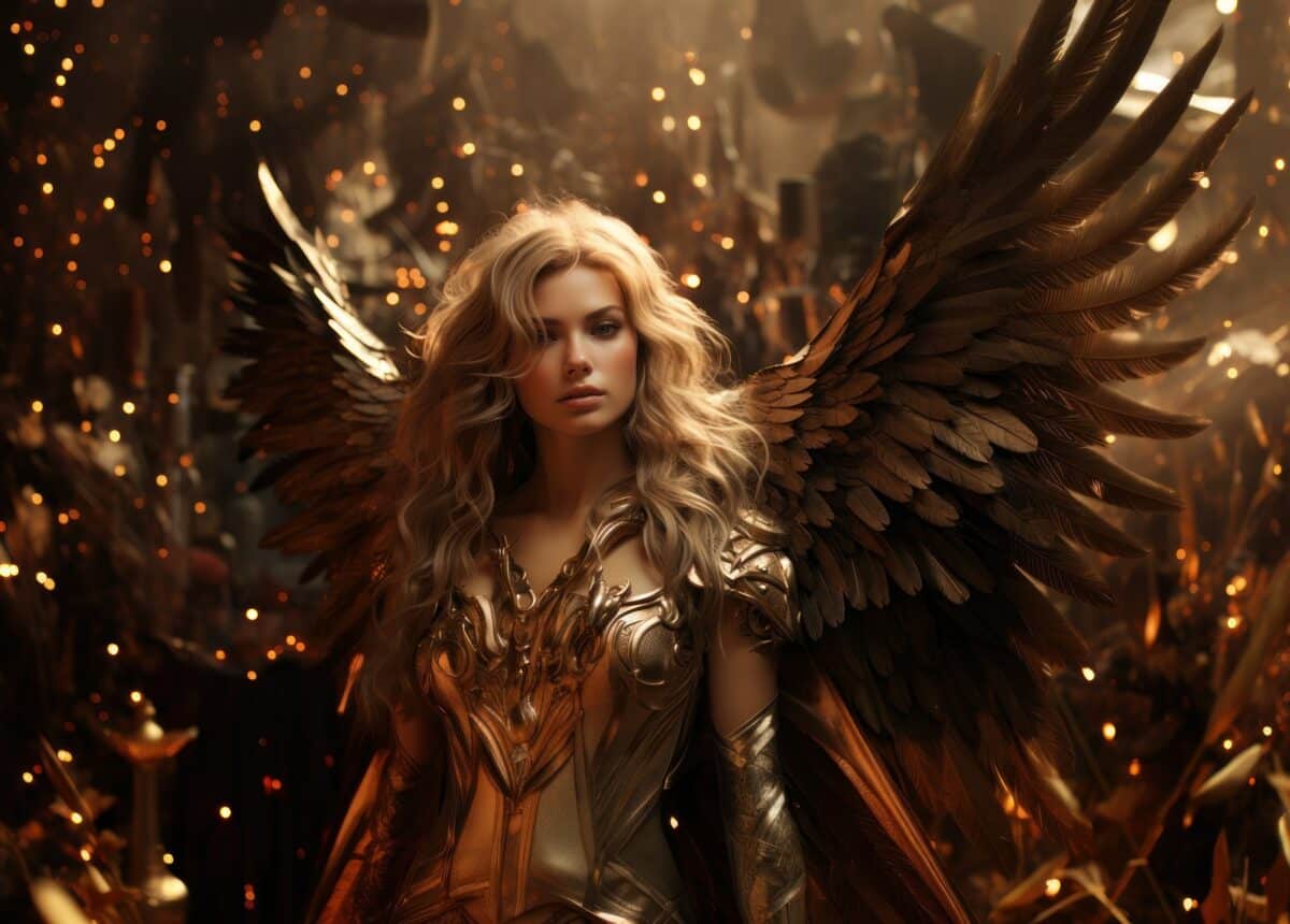 a golden war angel in an apocalyptic atmosphere