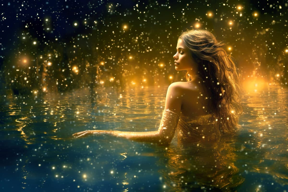 a mysterious lady surrounded by fireflies in the water on a magical night
