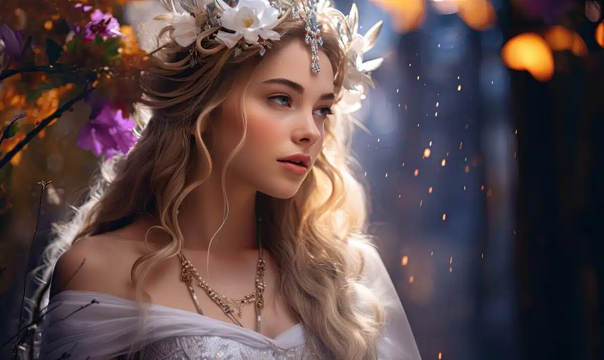 a stunning and radiant young woman with a floral wreath on her head