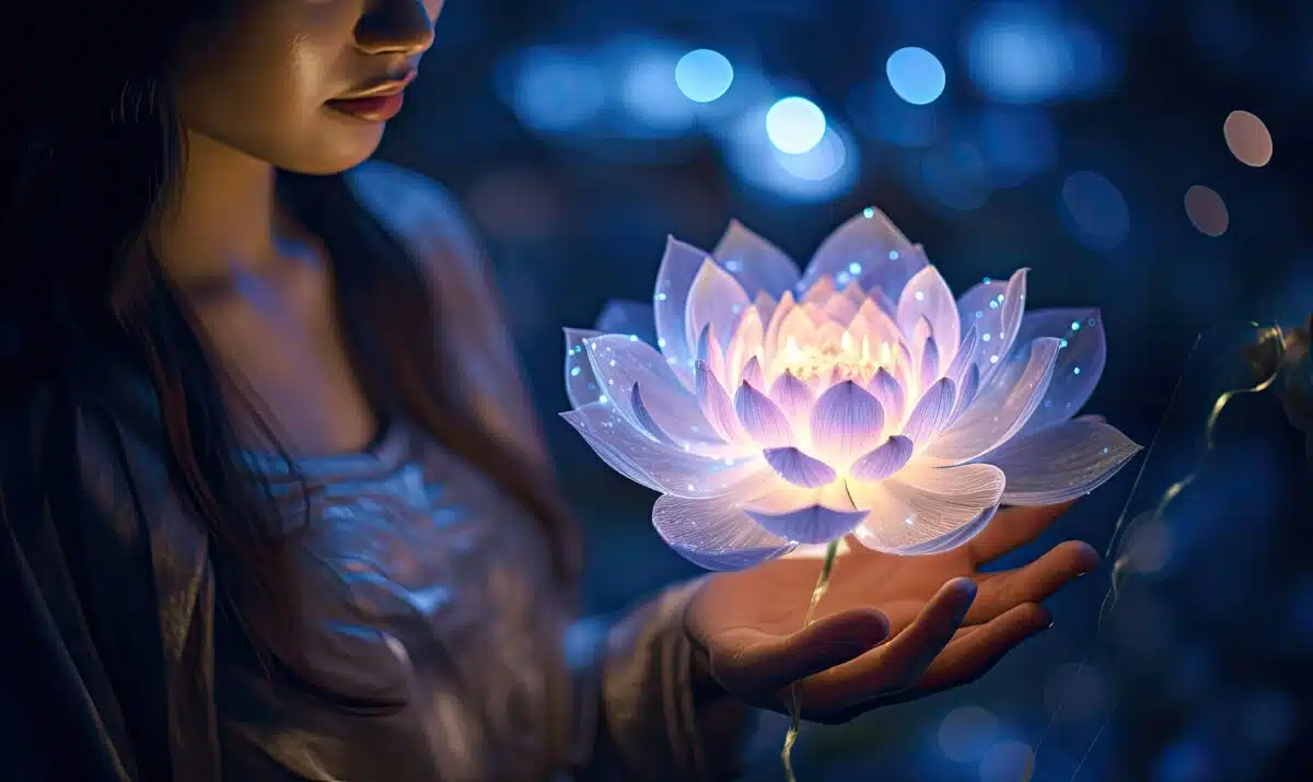 a woman holding a glowing flower in her hand