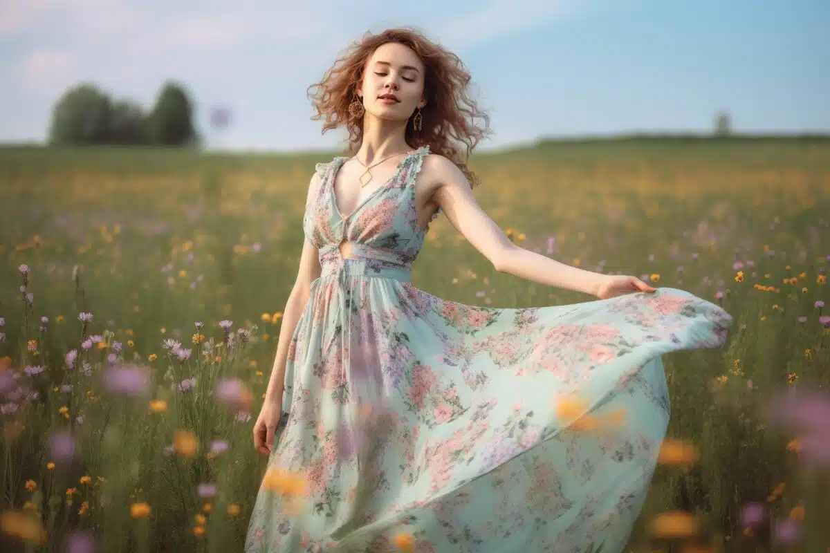 woman in pastel-colored summer dress in wildflower field 