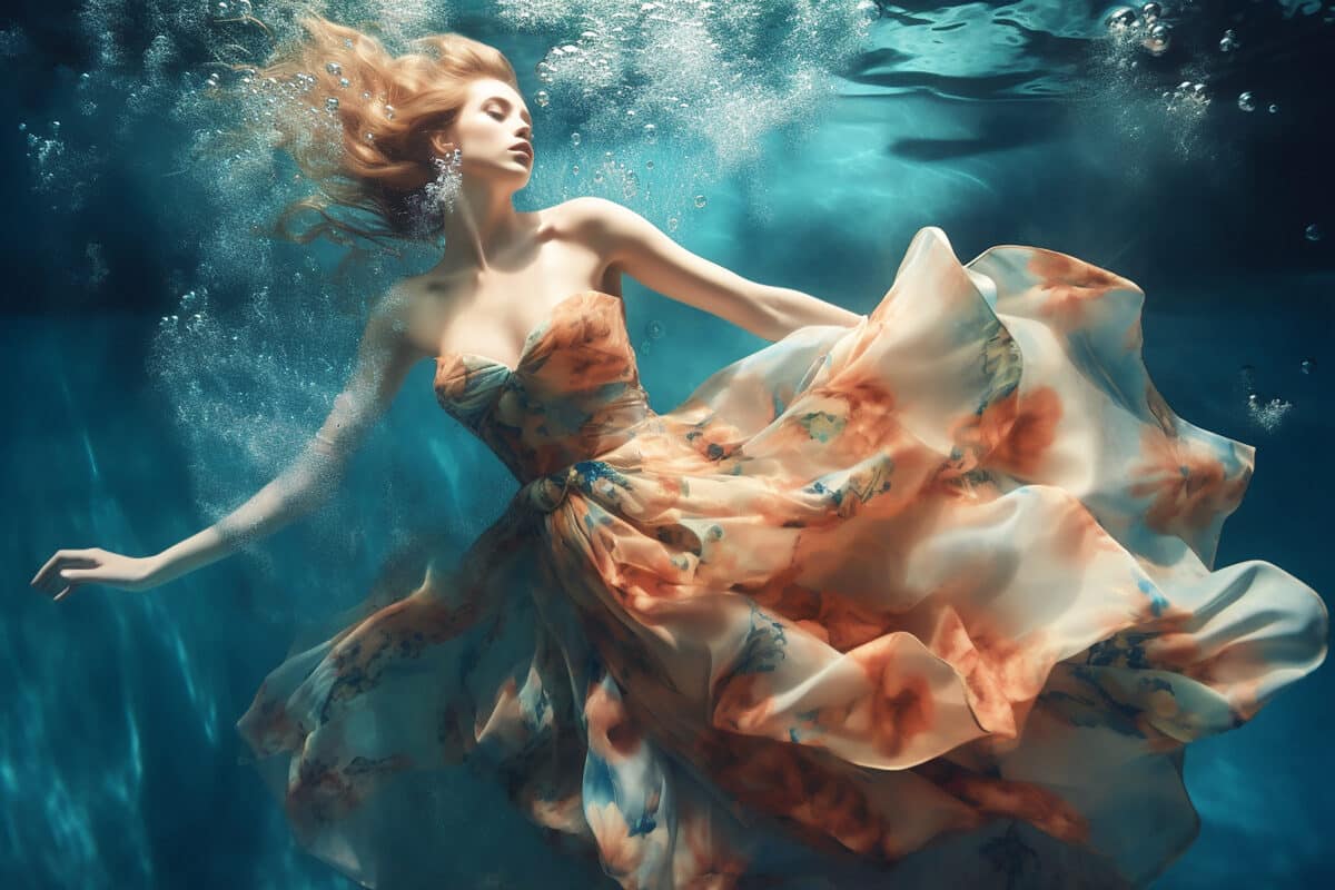 A young girl in a long colorful dress is swimming underwater. Generative AI