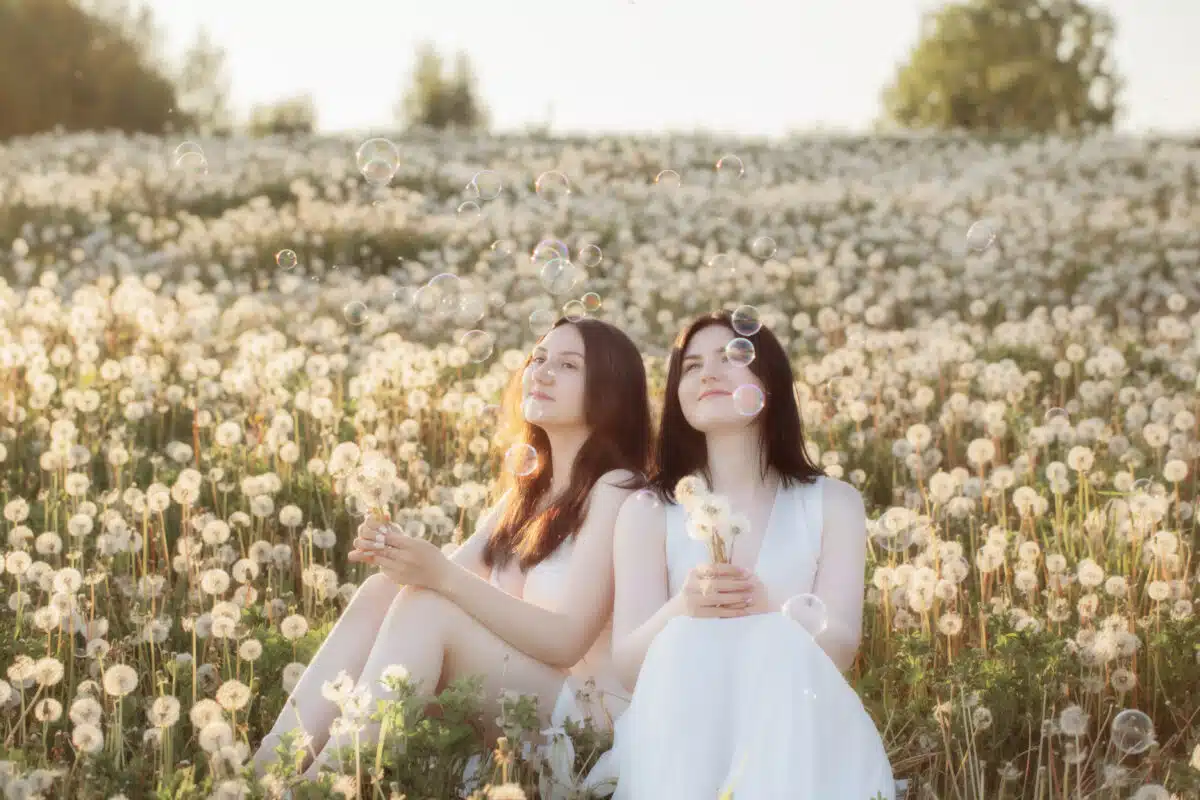 two young beautiful maidens on meadow with dandelions at sunset