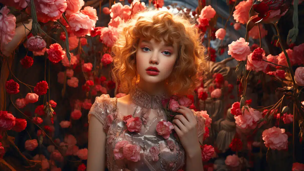 Floral Sonata: Blonde Haired Girl Amidst Baroque Dramatic Lighting With Pink And Red Blooms